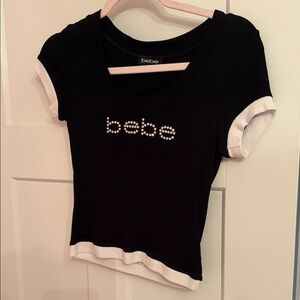Bebe Black Cropped Tee with White Trim and Rhinestone Logo